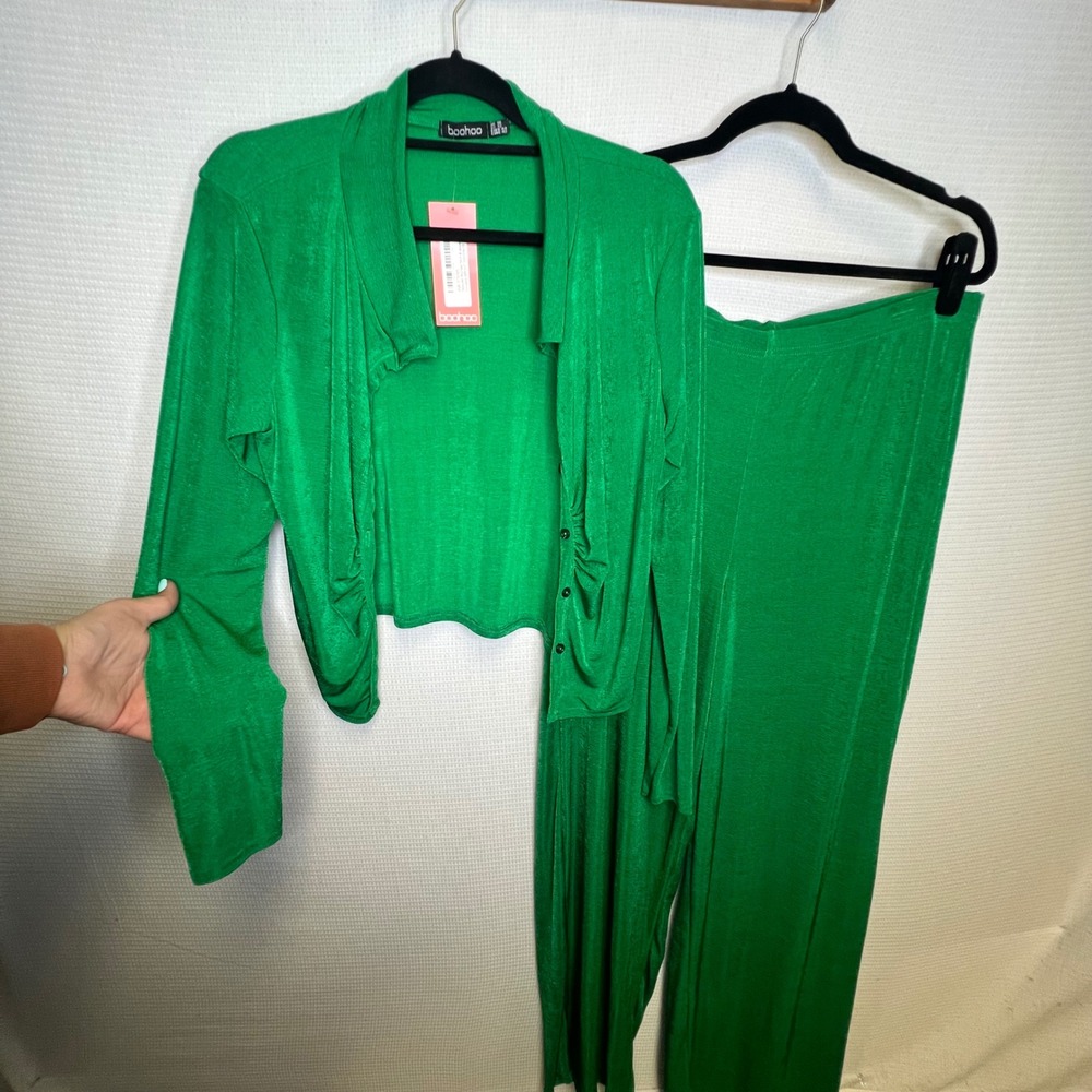 Boohoo Womens Bright Green Textured Ruched Shirt & Wide Leg Trousers Set Size 12